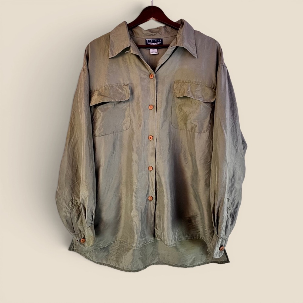Vintage 100% Silk Shirt L Sandwashed Olive Green Gorpcore Pockets Military Vibe